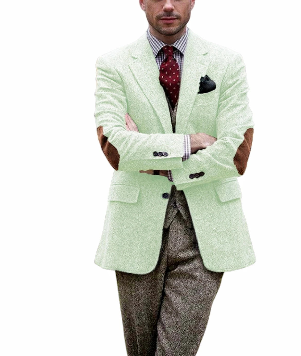 Men's vintage brown tweed blazer for winter, with patchwork details, elegant, for business, formal occasions.