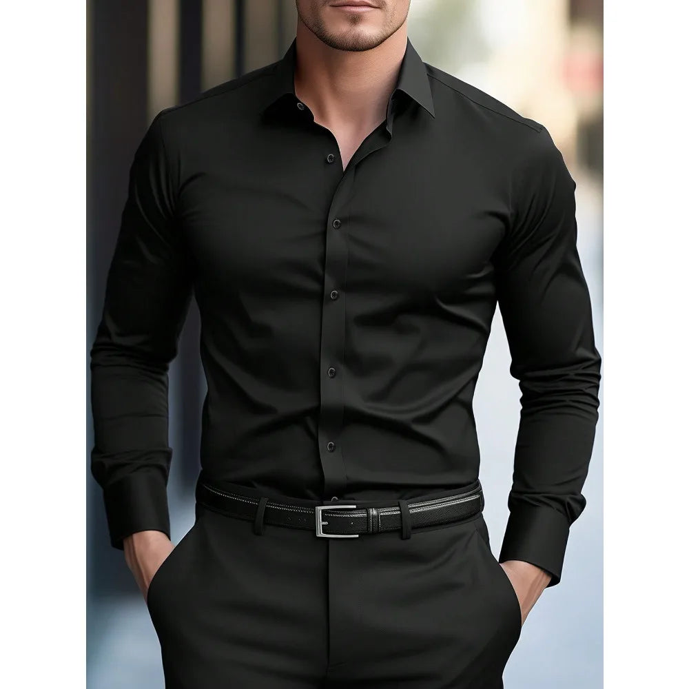 Men's dress shirt, solid color, long sleeves, smart casual style, suitable for all seasons, with elastic waistband.