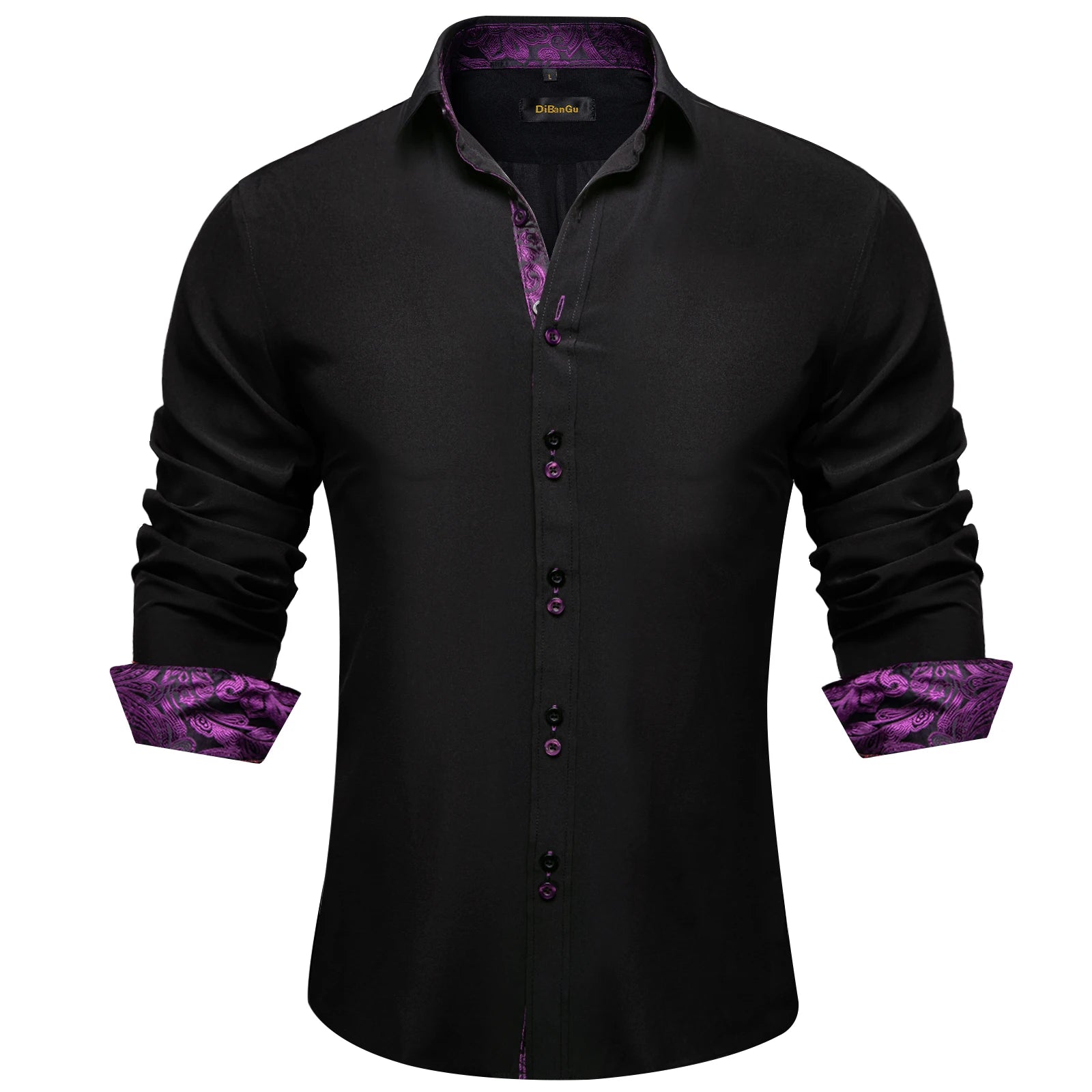 High-quality FuturyLuxury men's dress shirt, black with contrasting red paisley print, button-down collar.