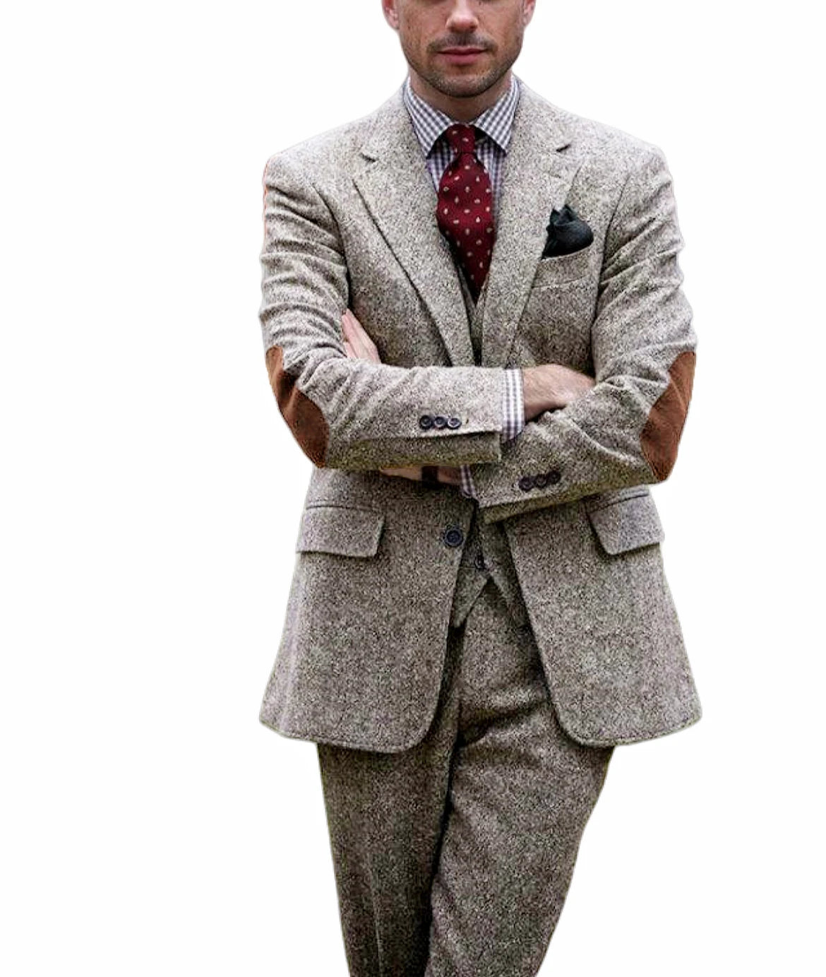 Men's vintage brown tweed blazer for winter, with patchwork details, elegant, for business, formal occasions.