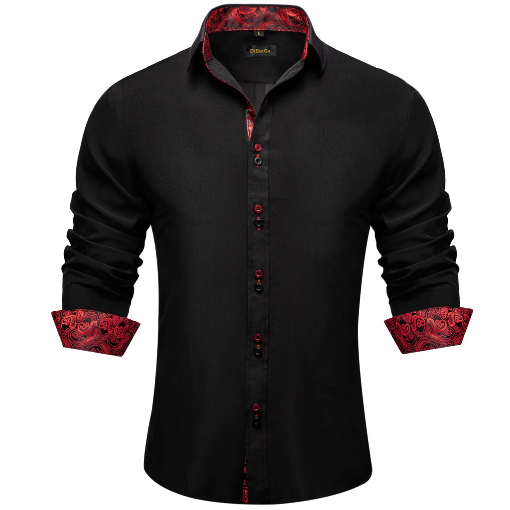 High-quality FuturyLuxury men's dress shirt, black with contrasting red paisley print, button-down collar.