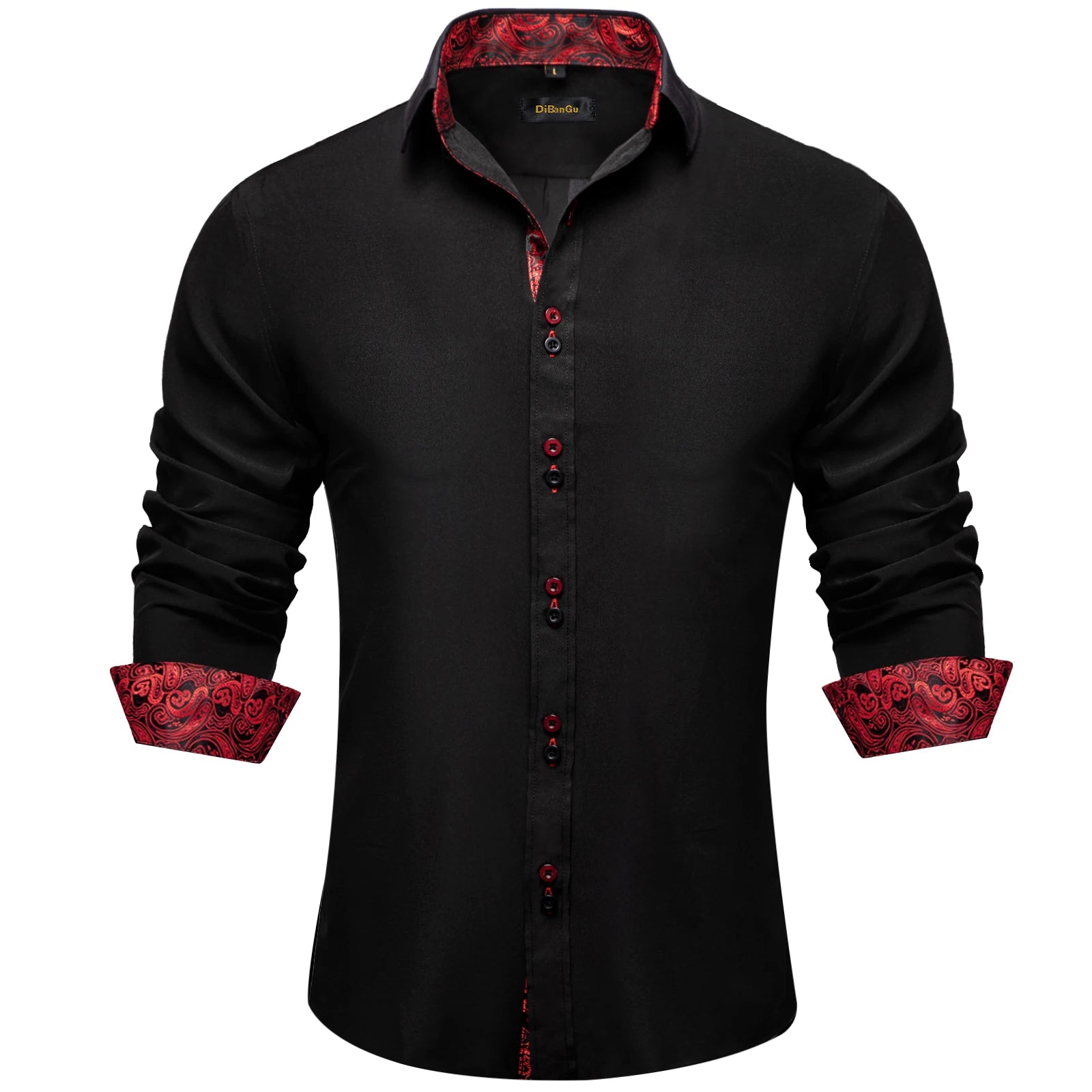 High-quality FuturyLuxury men's dress shirt, black with contrasting red paisley print, button-down collar.