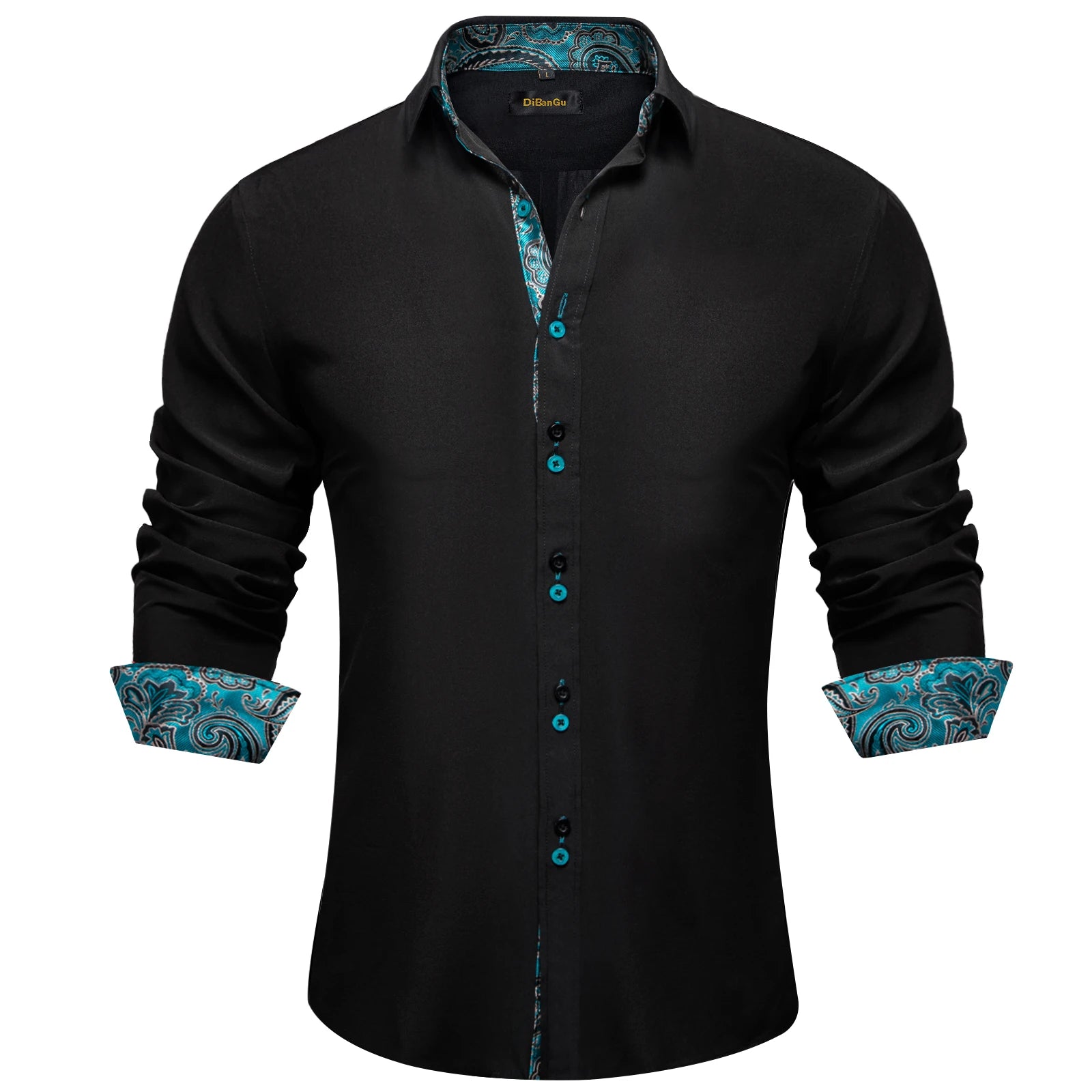 High-quality FuturyLuxury men's dress shirt, black with contrasting red paisley print, button-down collar.