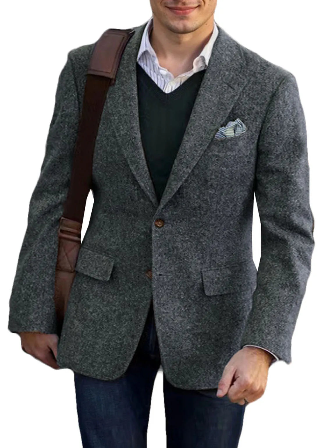 Men's vintage brown tweed blazer for winter, with patchwork details, elegant, for business, formal occasions.