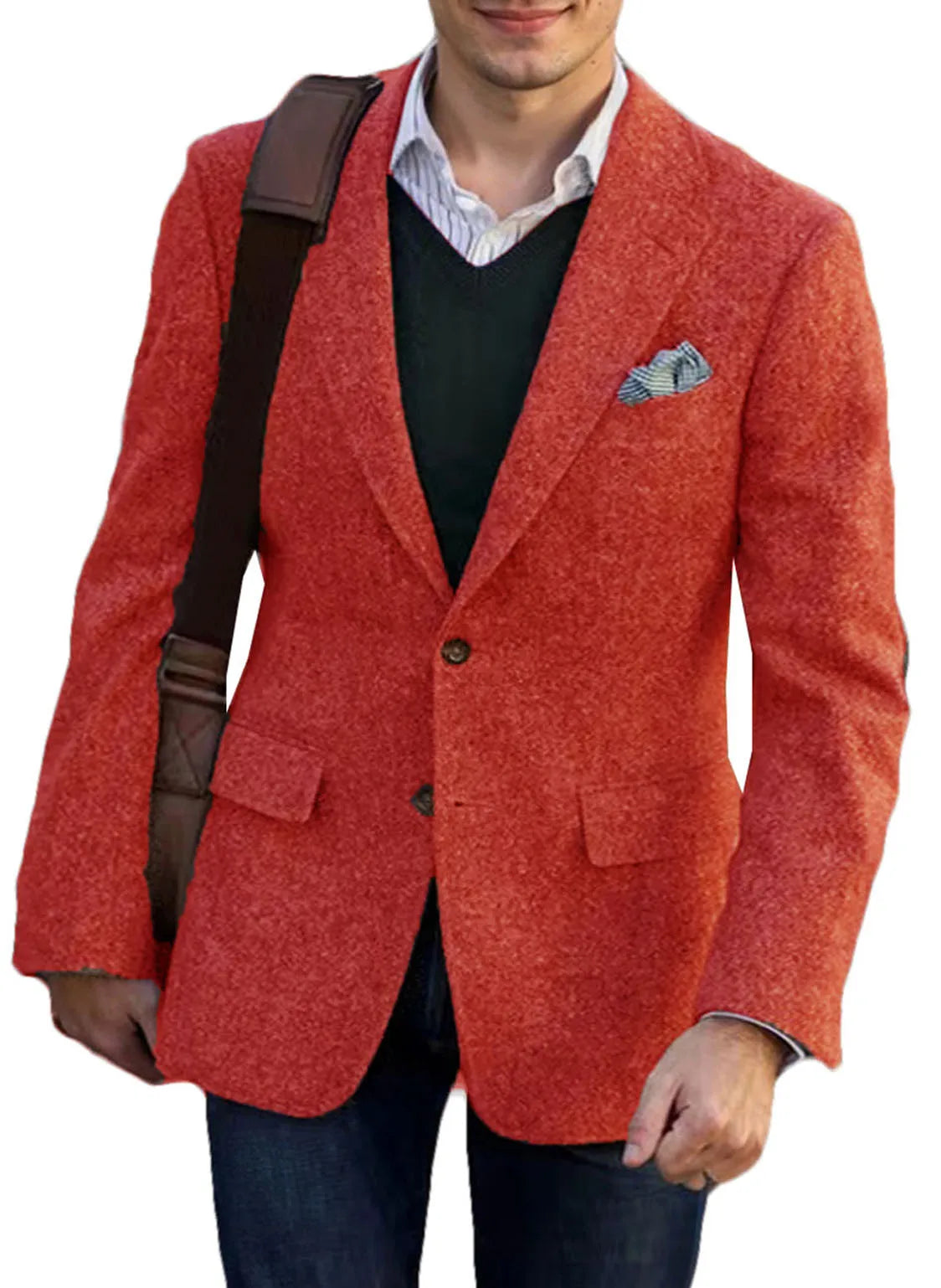 Men's vintage brown tweed blazer for winter, with patchwork details, elegant, for business, formal occasions.