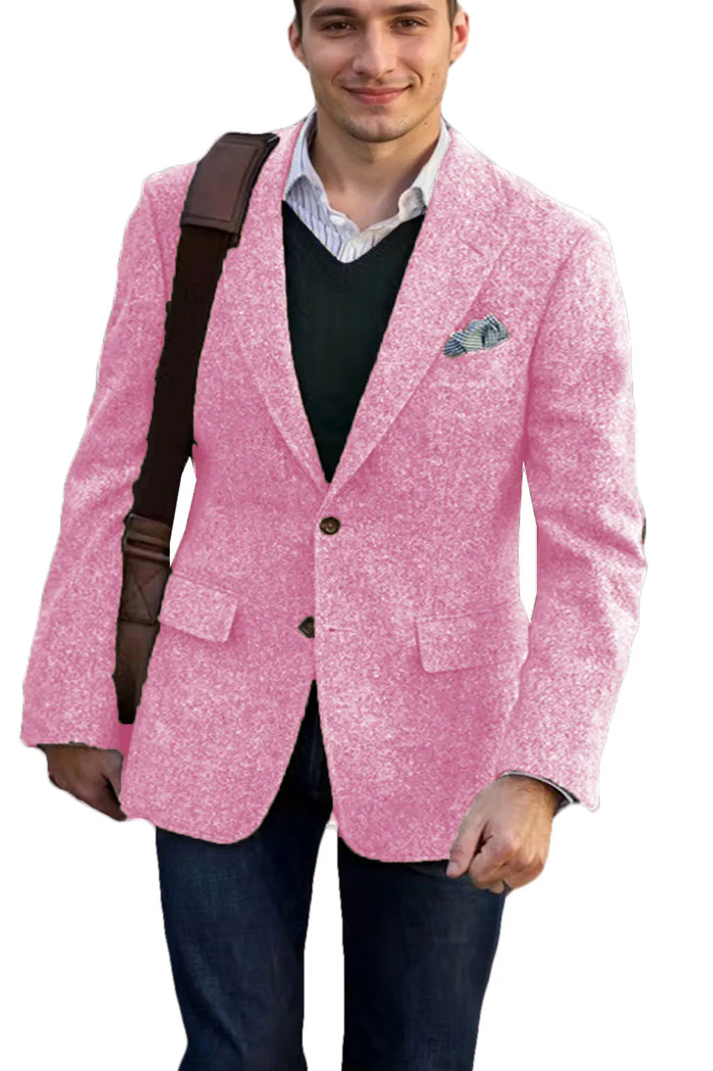 Men's vintage brown tweed blazer for winter, with patchwork details, elegant, for business, formal occasions.