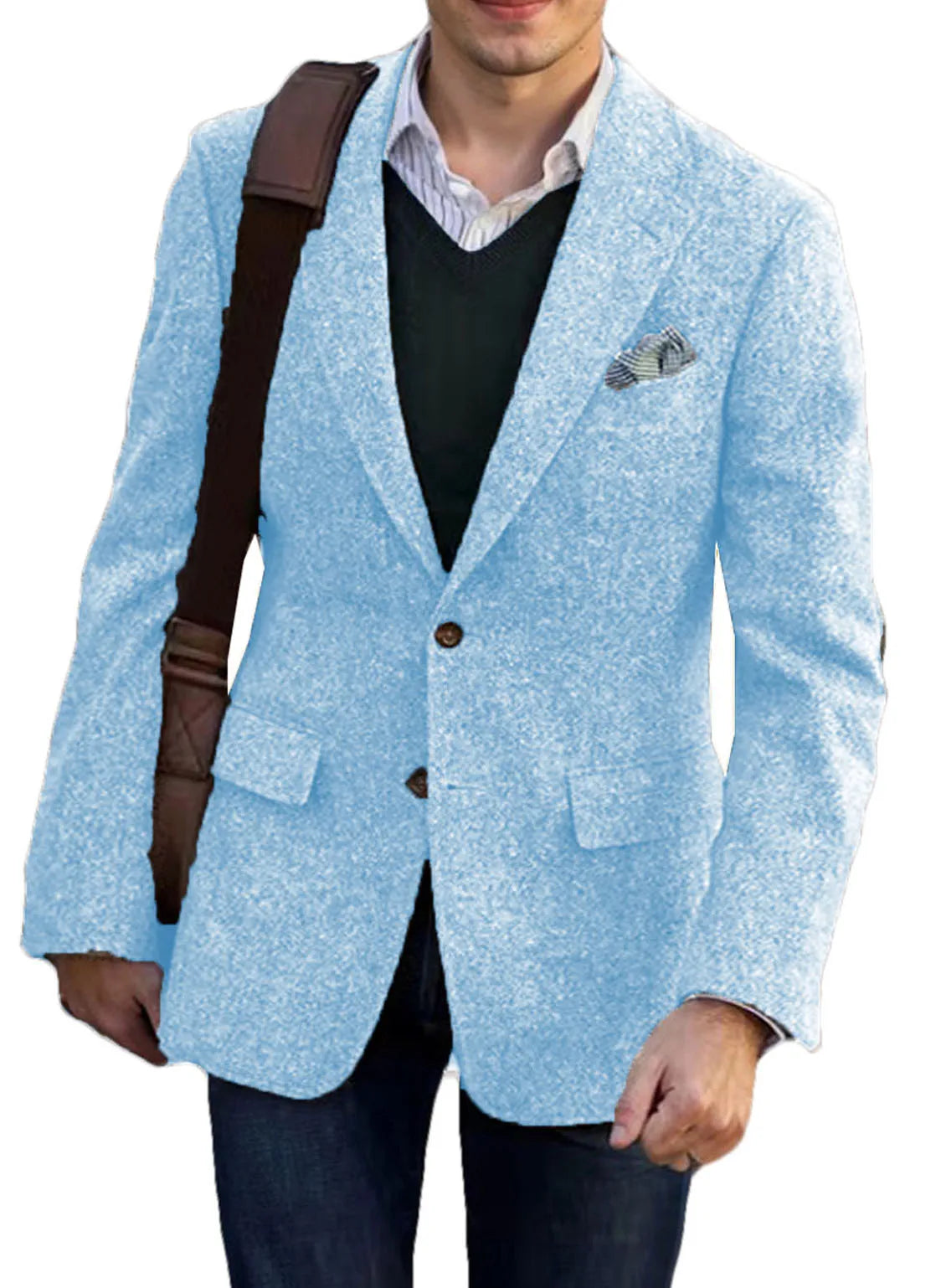 Men's vintage brown tweed blazer for winter, with patchwork details, elegant, for business, formal occasions.