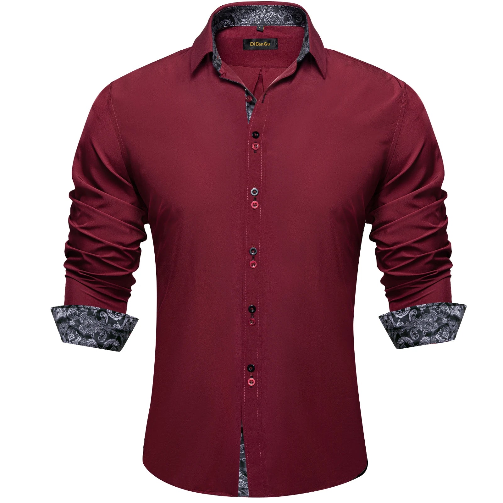High-quality FuturyLuxury men's dress shirt, black with contrasting red paisley print, button-down collar.