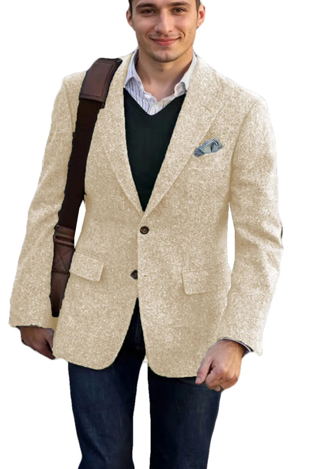 Men's vintage brown tweed blazer for winter, with patchwork details, elegant, for business, formal occasions.