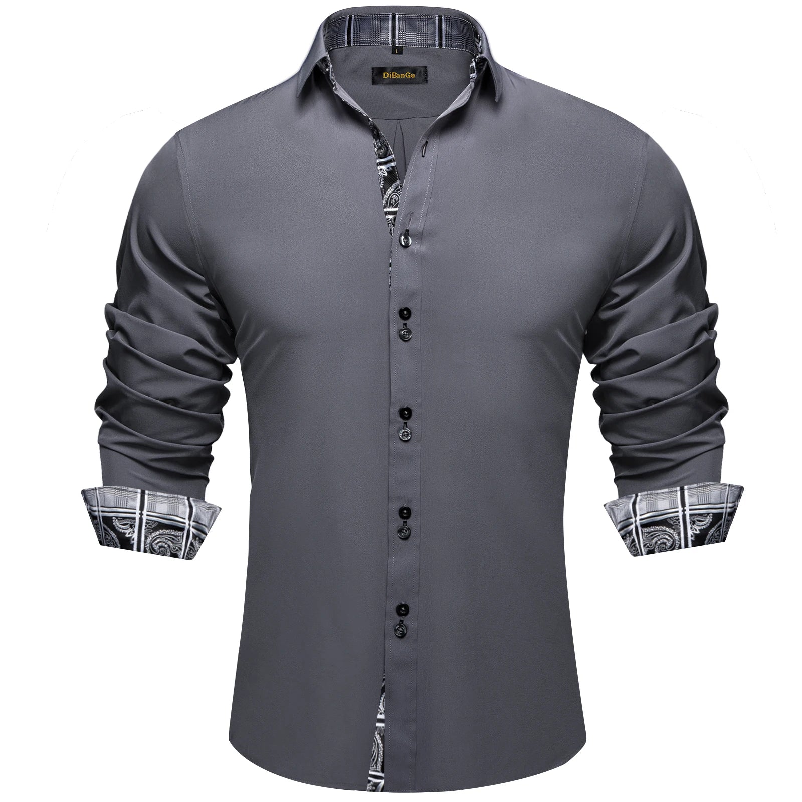 High-quality FuturyLuxury men's dress shirt, black with contrasting red paisley print, button-down collar.