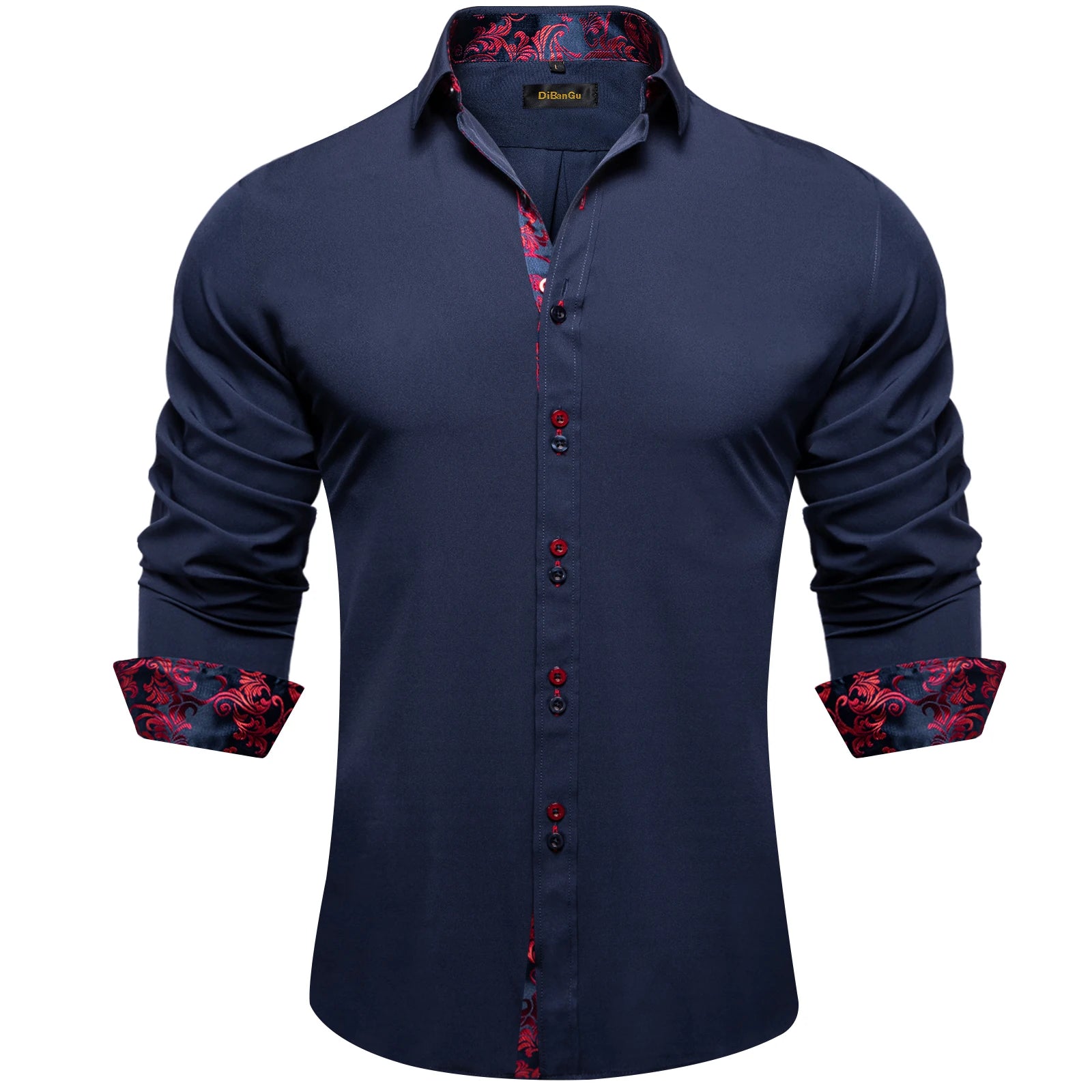 High-quality FuturyLuxury men's dress shirt, black with contrasting red paisley print, button-down collar.