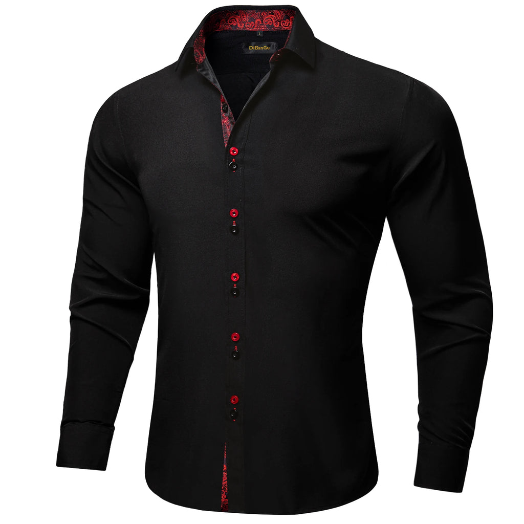High-quality FuturyLuxury men's dress shirt, black with contrasting red paisley print, button-down collar.