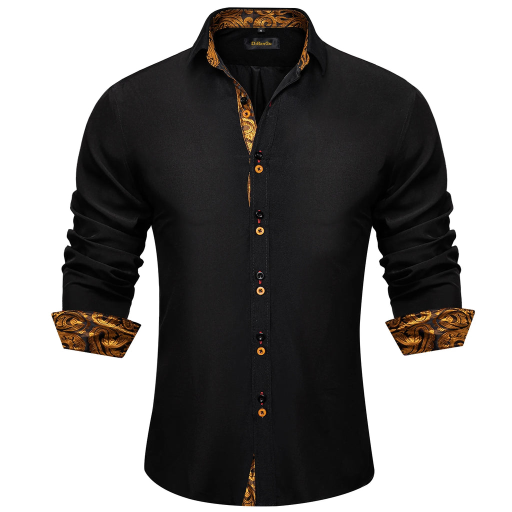 High-quality FuturyLuxury men's dress shirt, black with contrasting red paisley print, button-down collar.