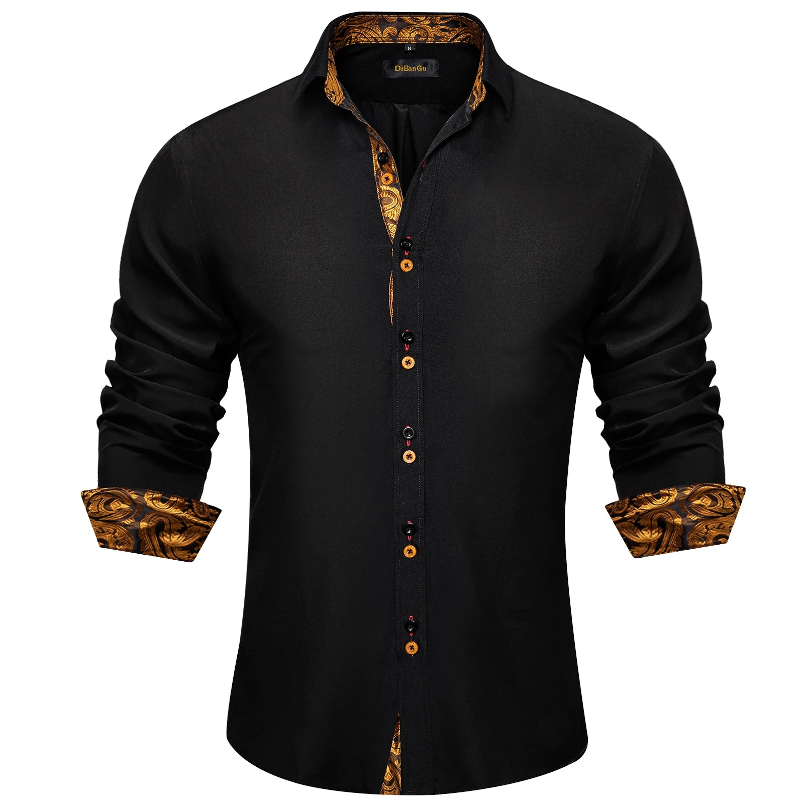 High-quality FuturyLuxury men's dress shirt, black with contrasting red paisley print, button-down collar.