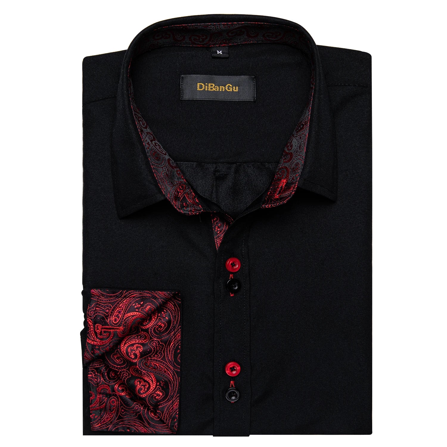 High-quality FuturyLuxury men's dress shirt, black with contrasting red paisley print, button-down collar.