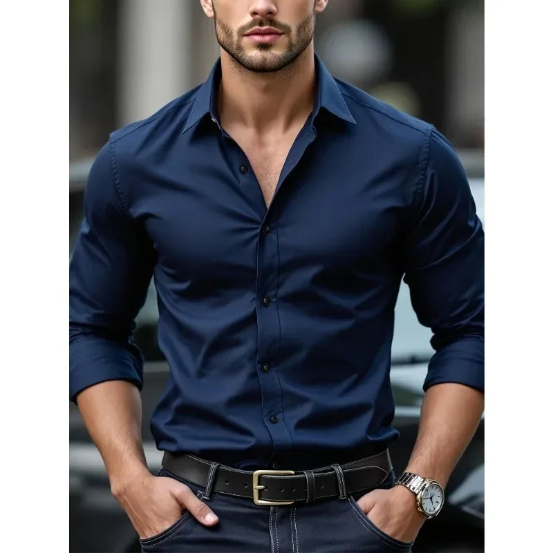 Men's dress shirt, solid color, long sleeves, smart casual style, suitable for all seasons, with elastic waistband.