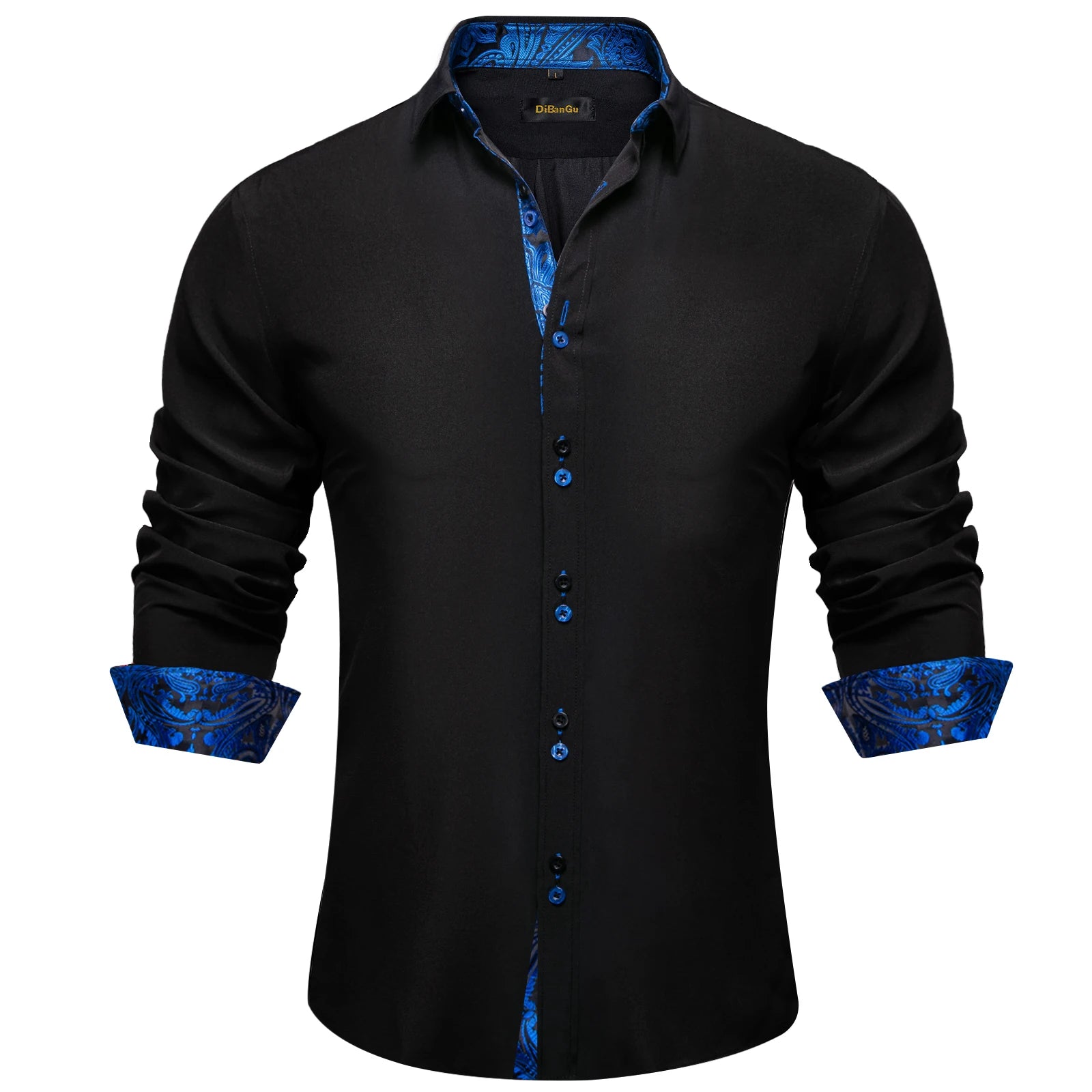 High-quality FuturyLuxury men's dress shirt, black with contrasting red paisley print, button-down collar.