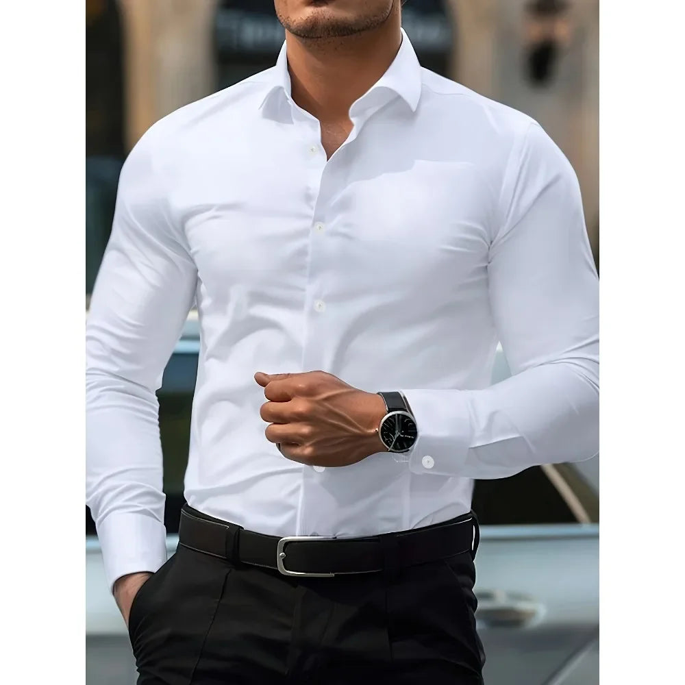 Men's dress shirt, solid color, long sleeves, smart casual style, suitable for all seasons, with elastic waistband.