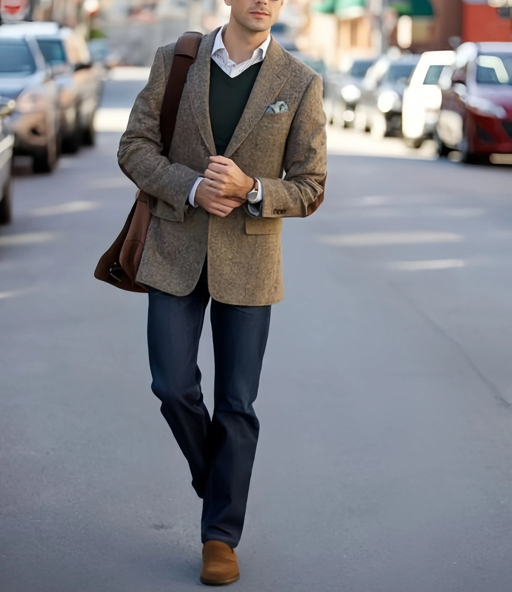 Men's vintage brown tweed blazer for winter, with patchwork details, elegant, for business, formal occasions.