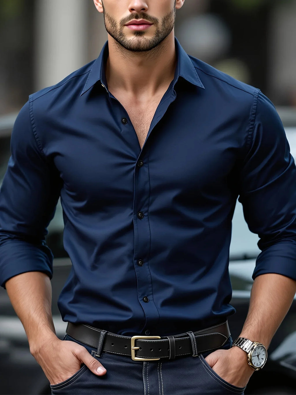 Men's dress shirt, solid color, long sleeves, smart casual style, suitable for all seasons, with elastic waistband.