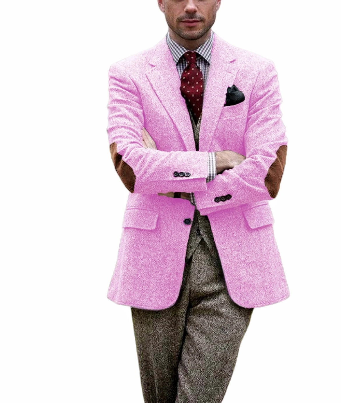 Men's vintage brown tweed blazer for winter, with patchwork details, elegant, for business, formal occasions.