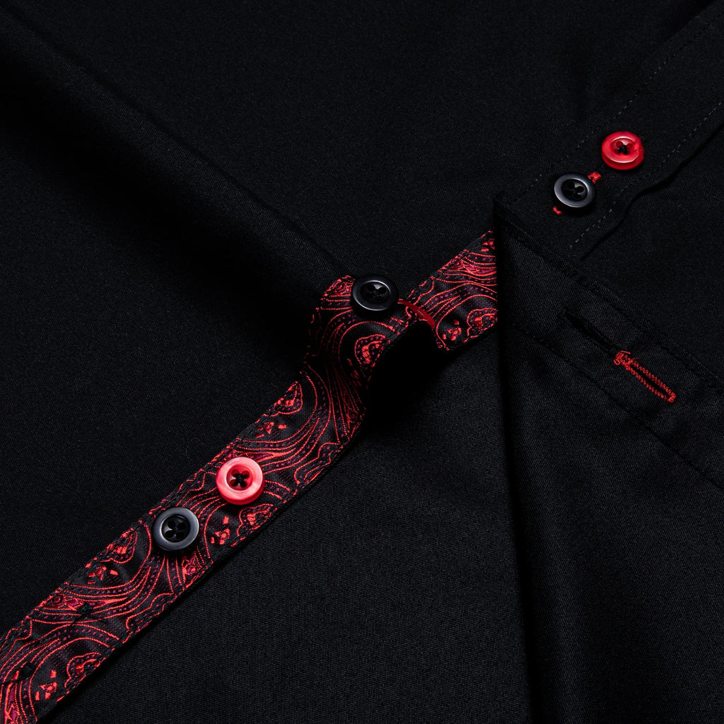 High-quality FuturyLuxury men's dress shirt, black with contrasting red paisley print, button-down collar.