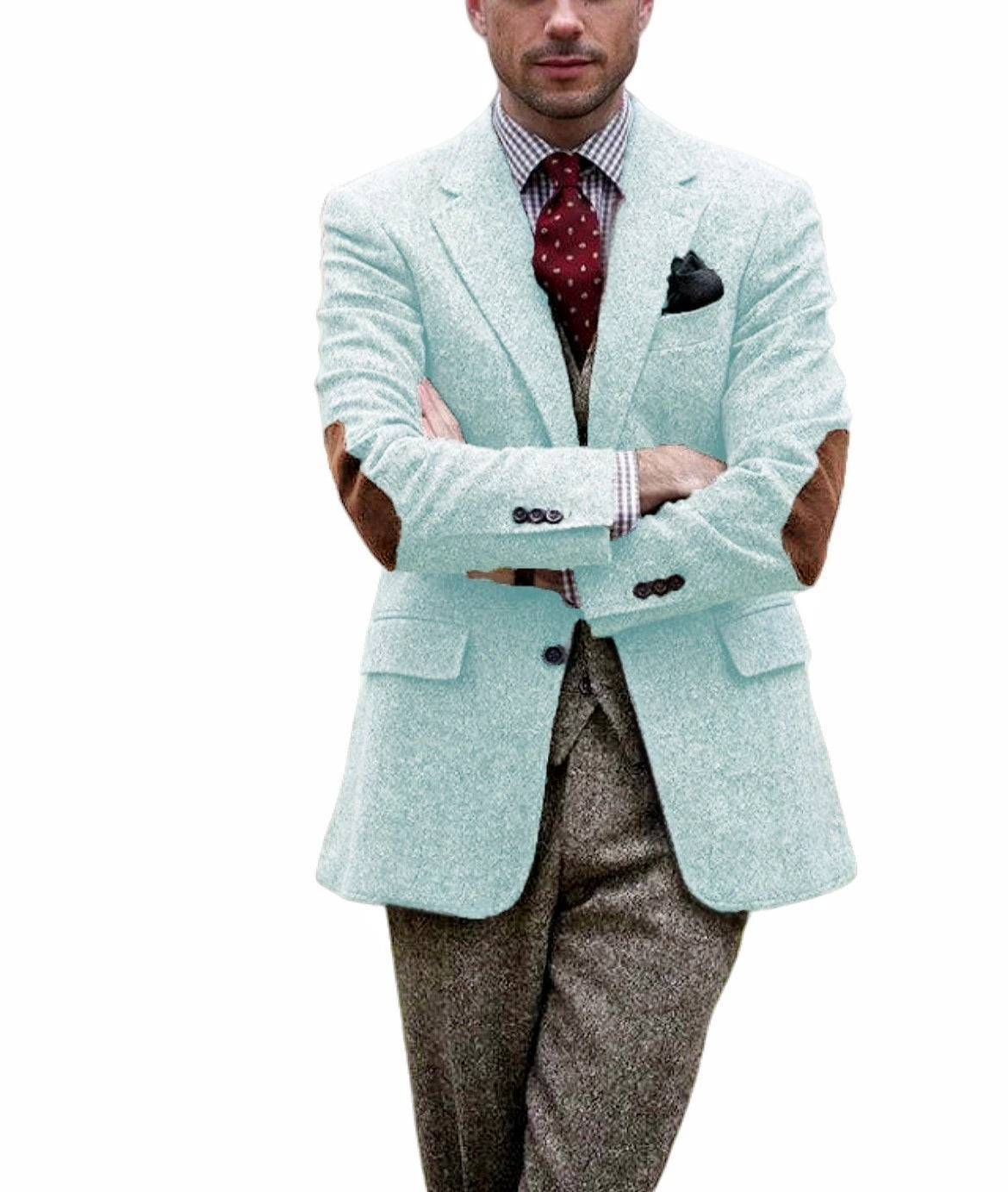 Men's vintage brown tweed blazer for winter, with patchwork details, elegant, for business, formal occasions.