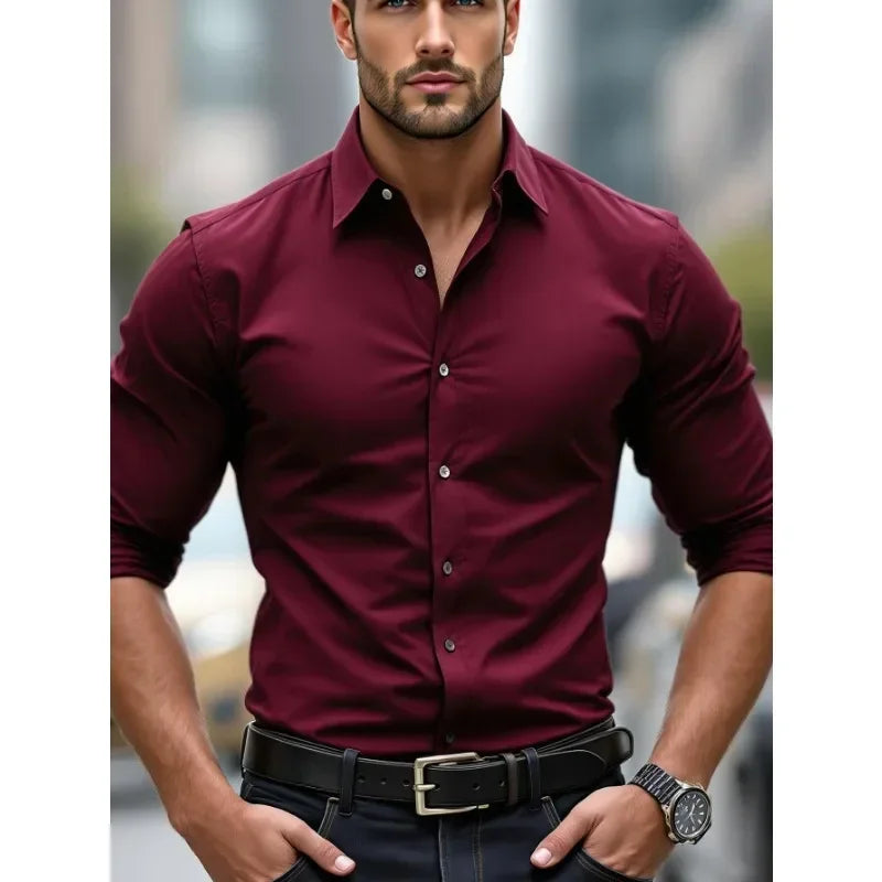 Men's dress shirt, solid color, long sleeves, smart casual style, suitable for all seasons, with elastic waistband.