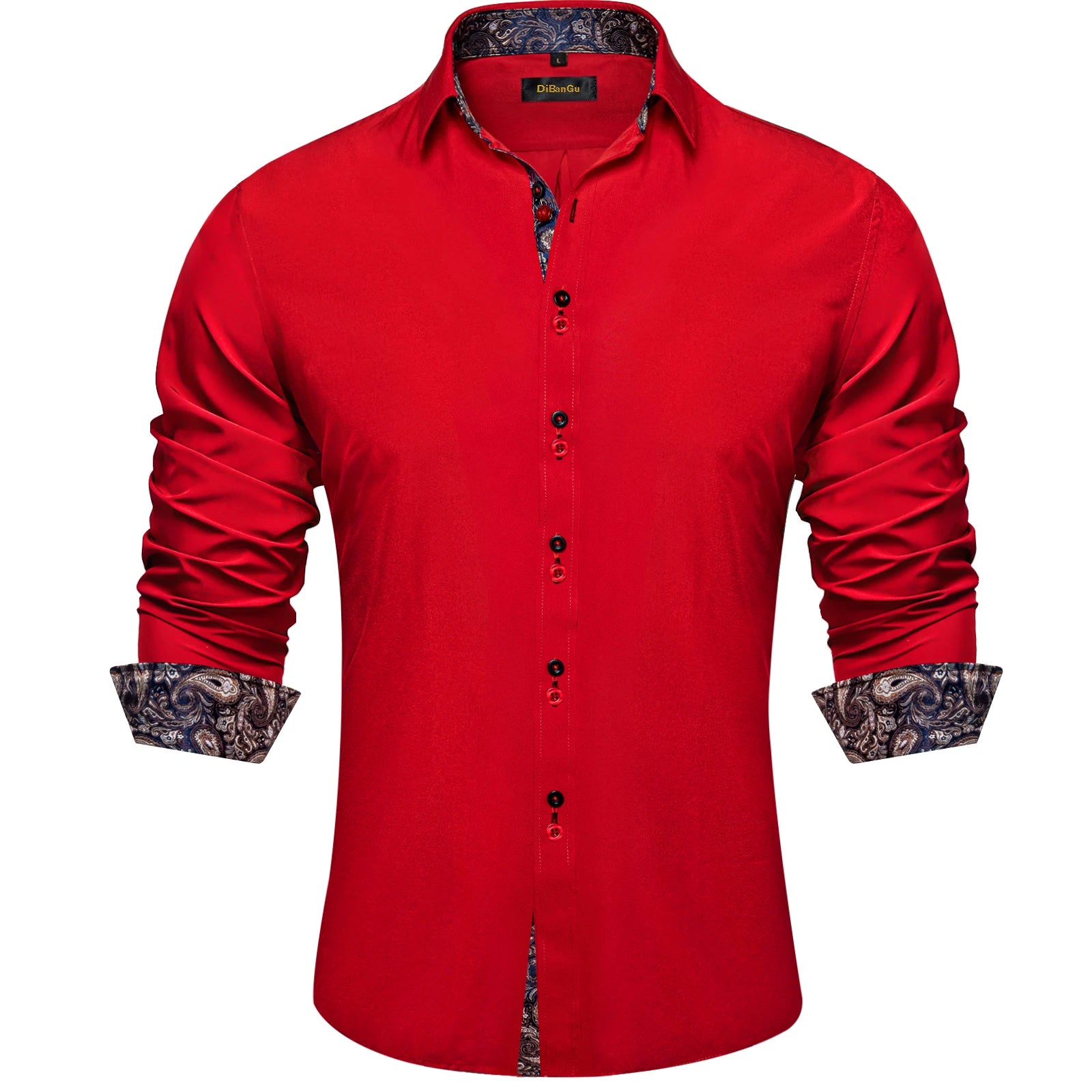 High-quality FuturyLuxury men's dress shirt, black with contrasting red paisley print, button-down collar.