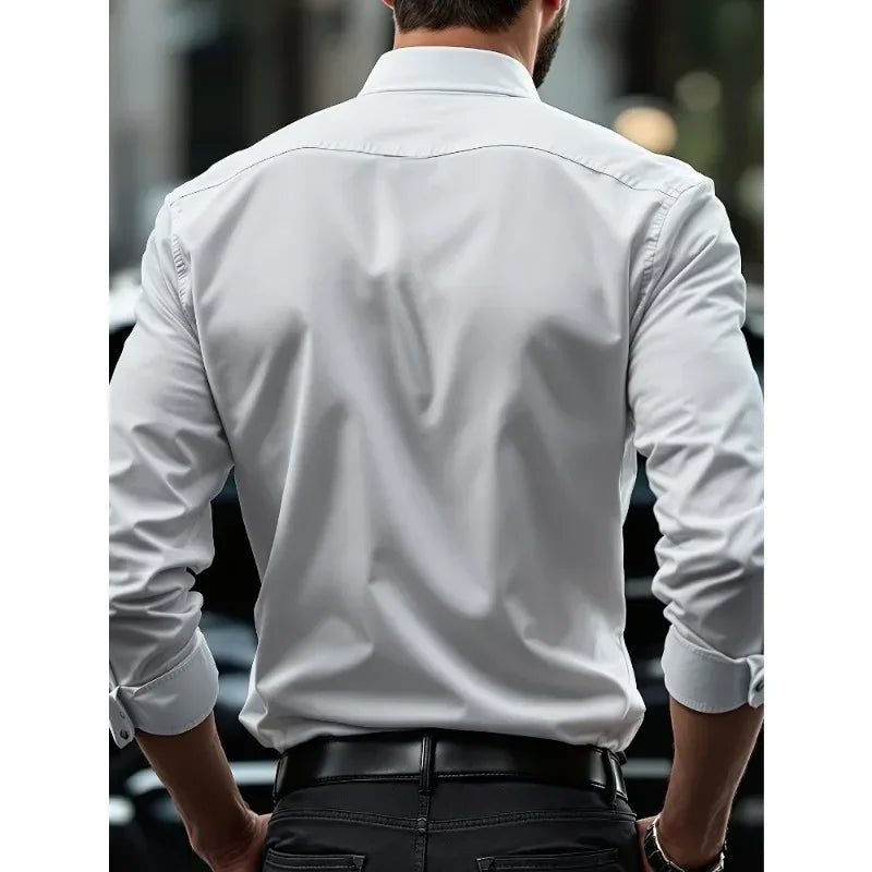 Men's dress shirt, solid color, long sleeves, smart casual style, suitable for all seasons, with elastic waistband.