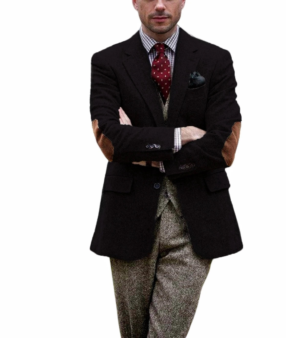 Men's vintage brown tweed blazer for winter, with patchwork details, elegant, for business, formal occasions.