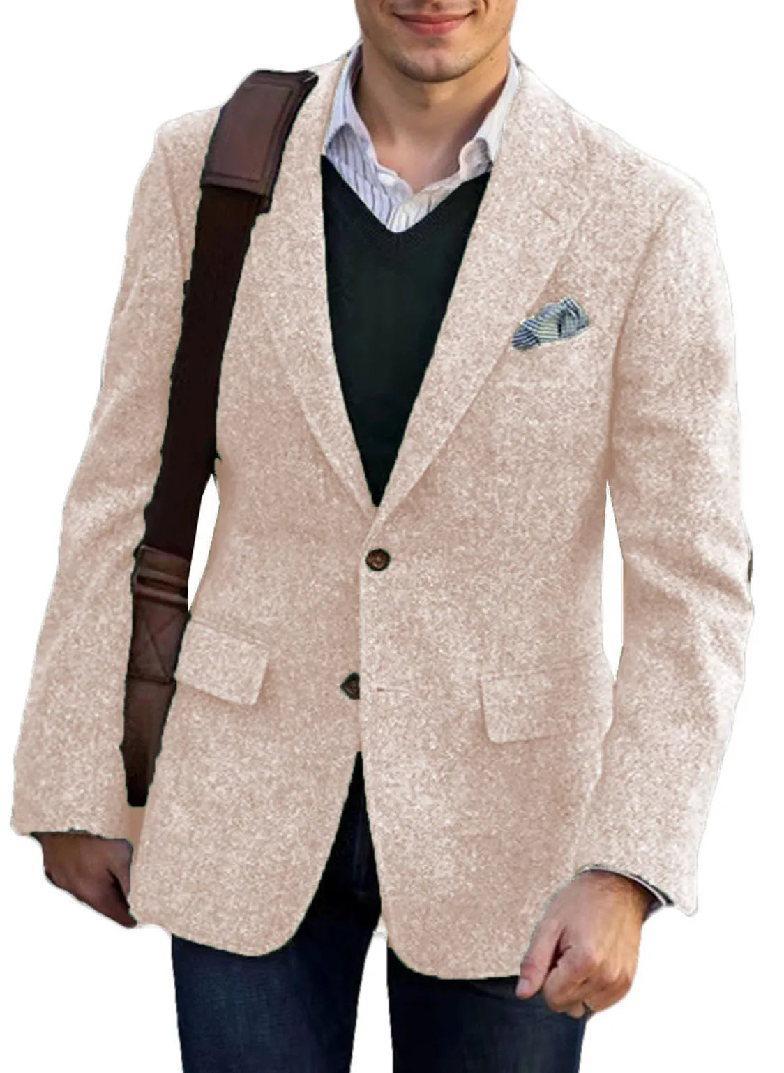 Men's vintage brown tweed blazer for winter, with patchwork details, elegant, for business, formal occasions.