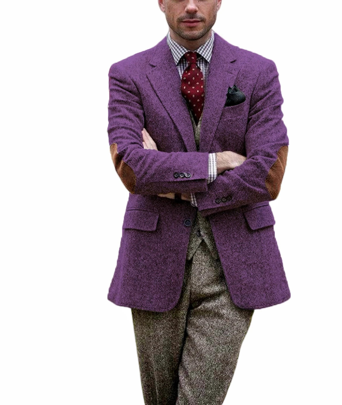 Men's vintage brown tweed blazer for winter, with patchwork details, elegant, for business, formal occasions.