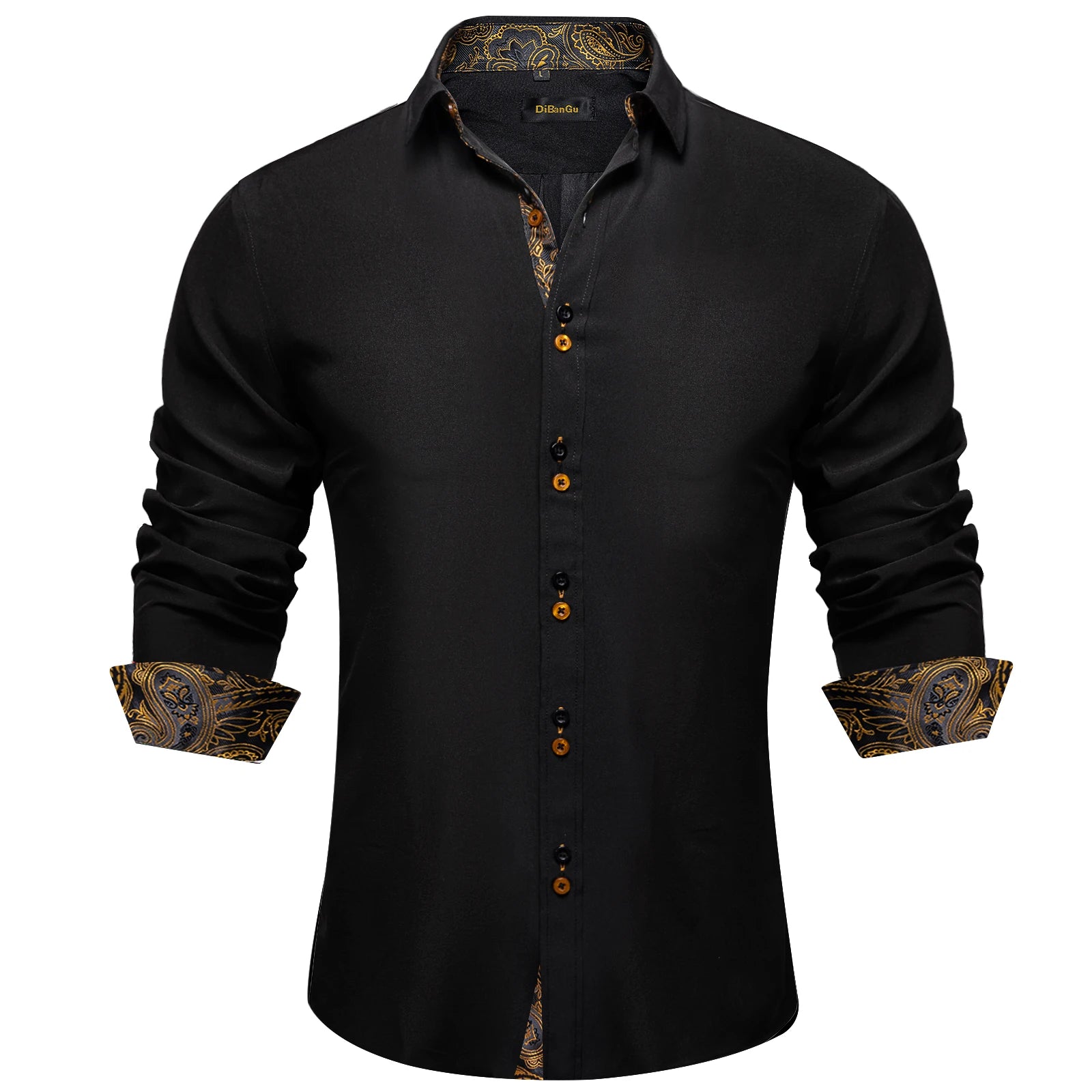 High-quality FuturyLuxury men's dress shirt, black with contrasting red paisley print, button-down collar.