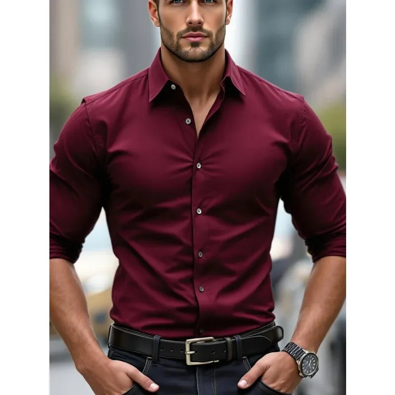 Men's dress shirt, solid color, long sleeves, smart casual style, suitable for all seasons, with elastic waistband.