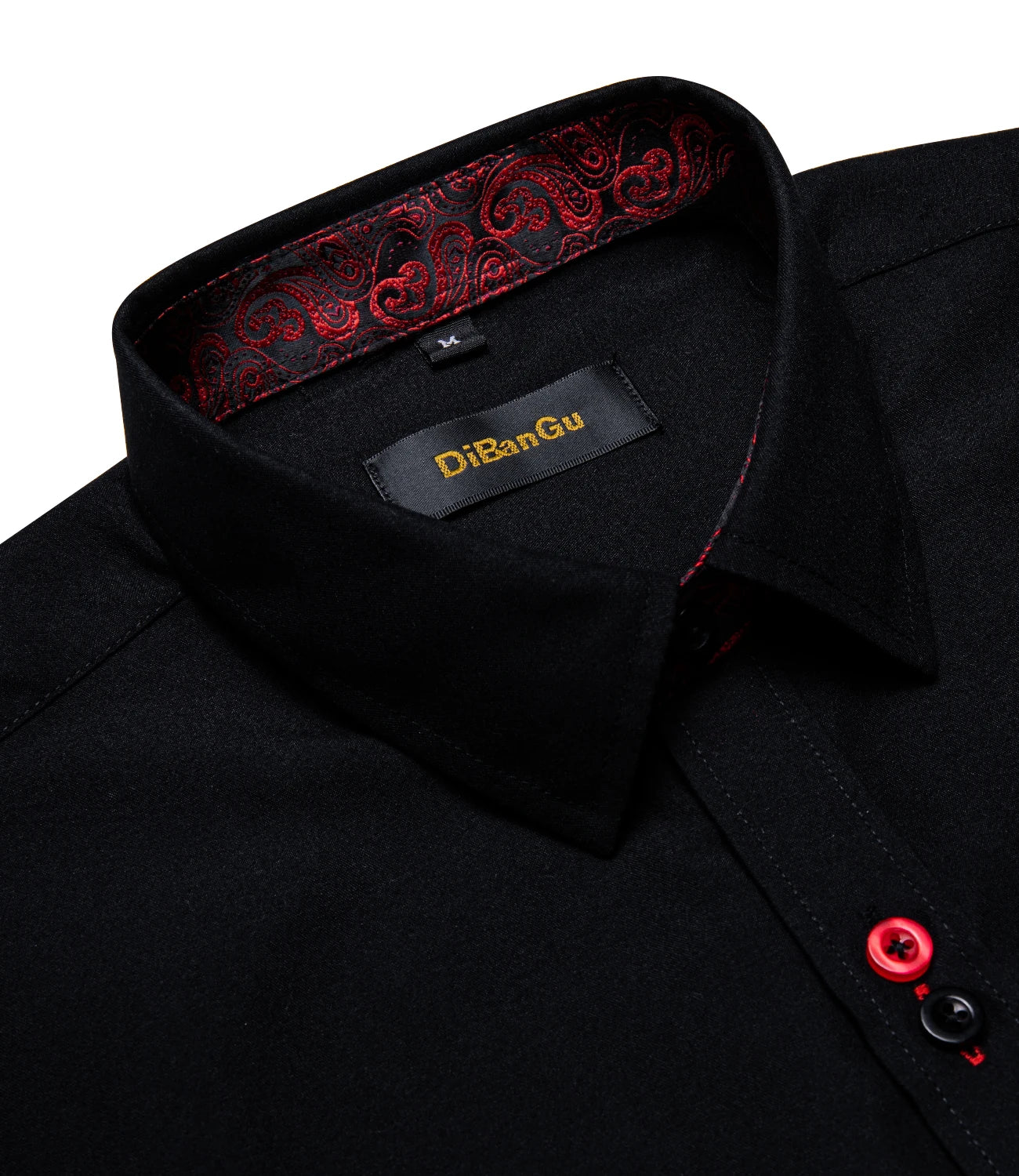 High-quality FuturyLuxury men's dress shirt, black with contrasting red paisley print, button-down collar.
